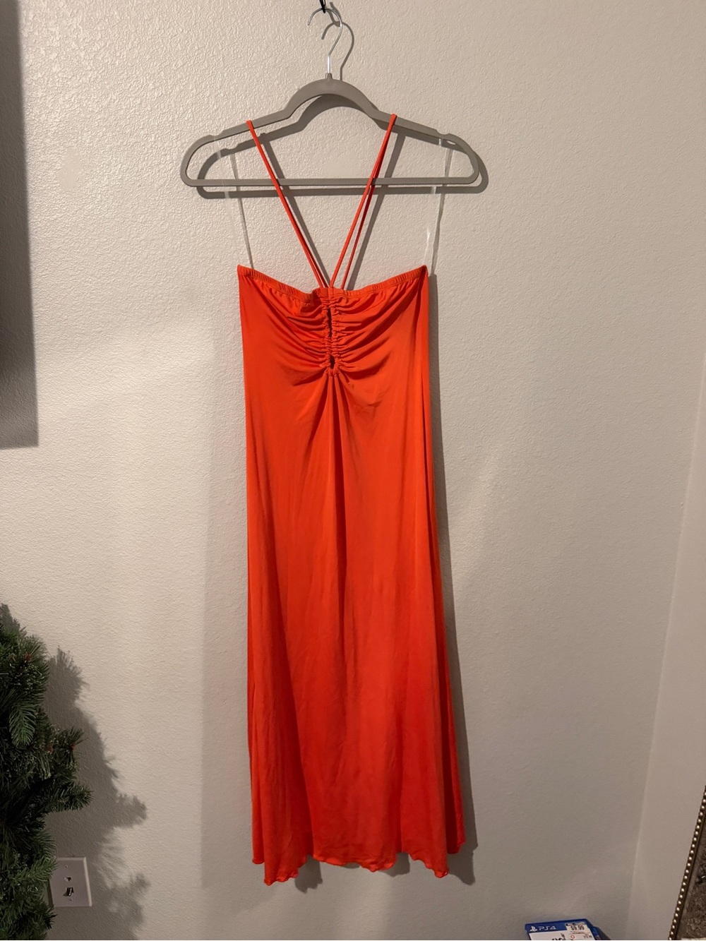 T.J.Maxx Vibrant Orange Midi Dress with Ruched Front and Double Straps